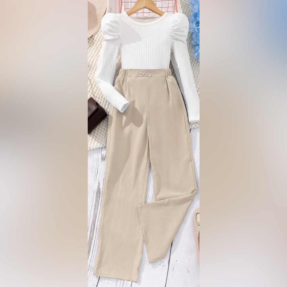 SHEIN Tween Girl Leg-Of-Mutton Sleeve Color Block T-Shirt And Pants Set